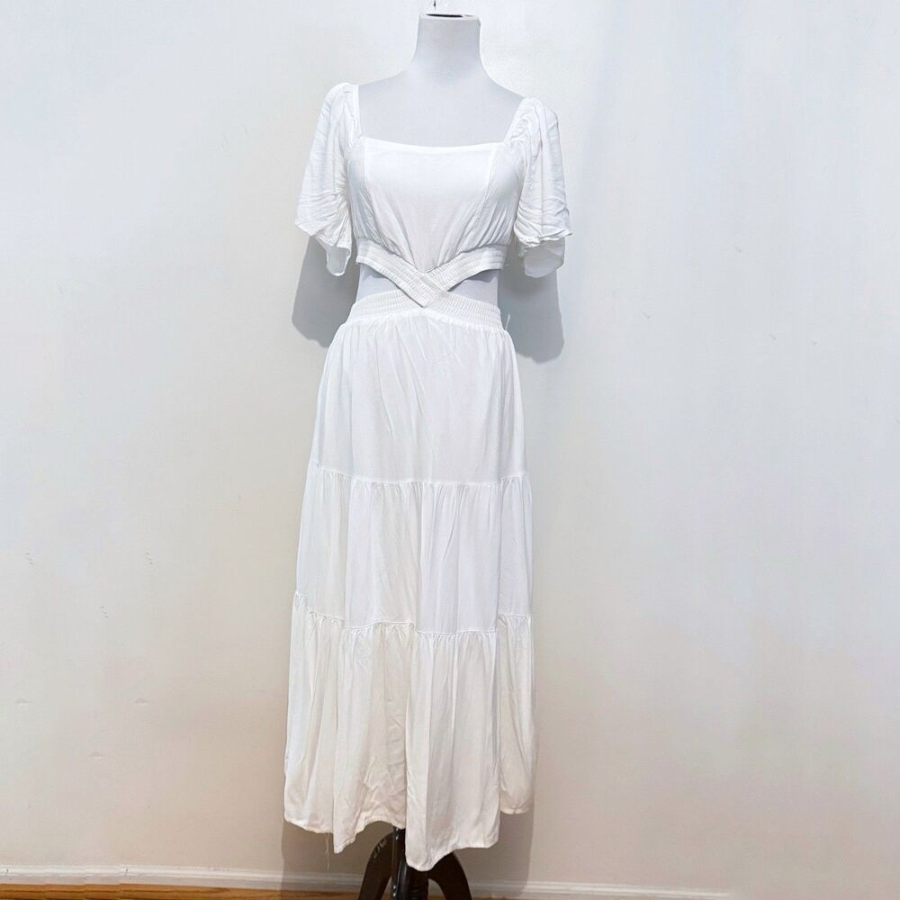 Women's White Midi Dress with Twist Front and Flutter Sleeves